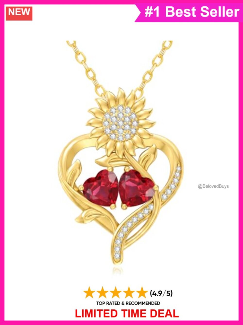 14K Gold Birthstone Necklace Sunflower Heart Pendant Adjustable Chain